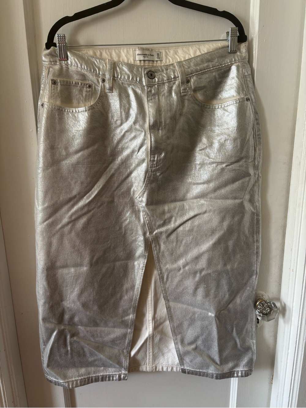 Metallic Silver Midi Denim Skirt by Abercrombie & Fitch